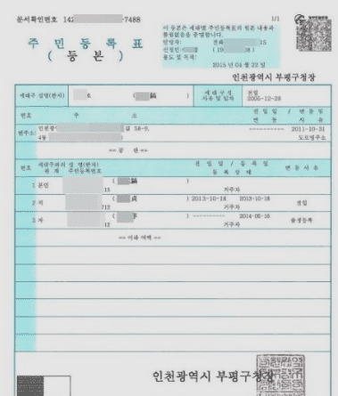 주민등록등본 서식 예시