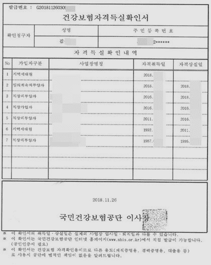 건강보험 자격득실확인서 서식 예시