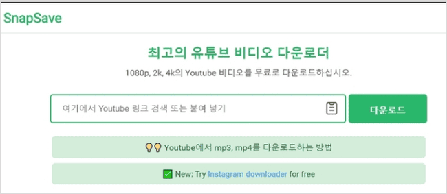snapsave 유튜브 다운로드 사이트 메인 화면