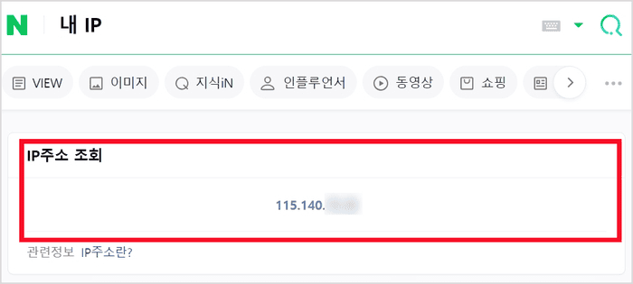 네이버 검색으로 내 IP 주소를 확인한 화면