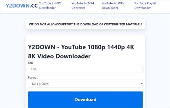 y2down 사이트 링크 입력창 화면
