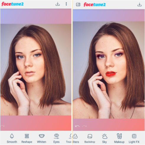 Facetune 앱의 얼굴 형태 조정 기능 화면