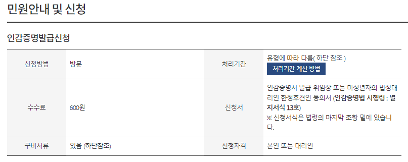 정부24에서 인감증명서를 온라인 발급하는 화면